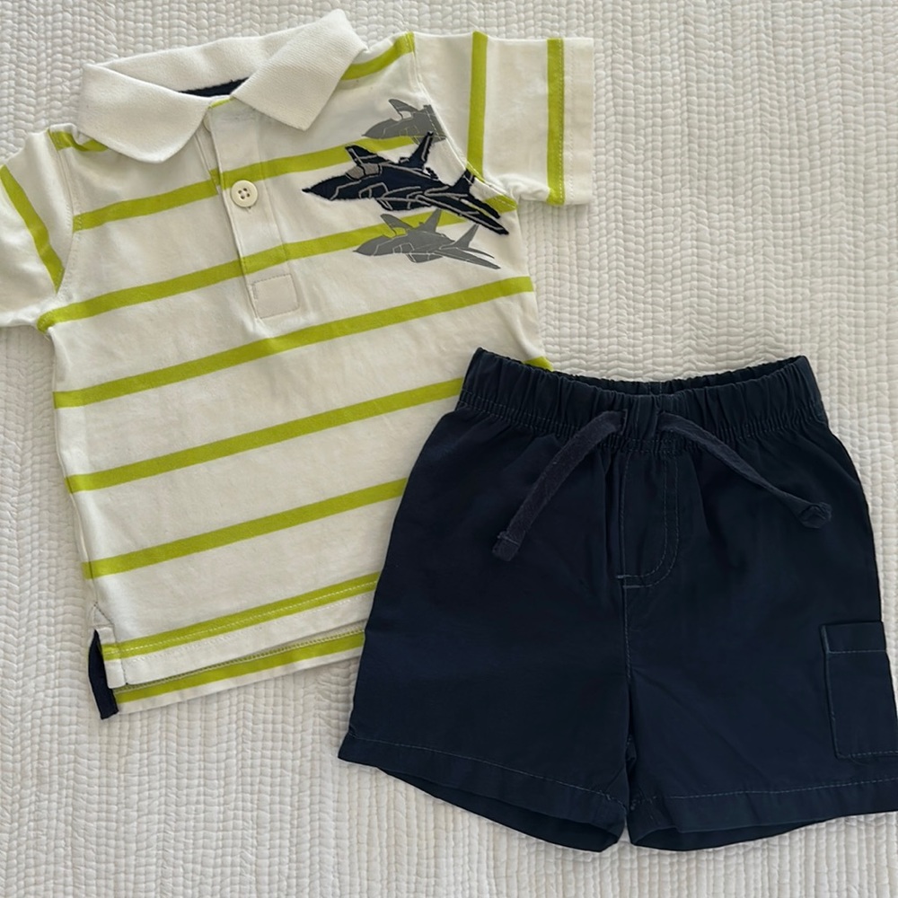 Jet airplane polo & navy shorts boys 6-9 months